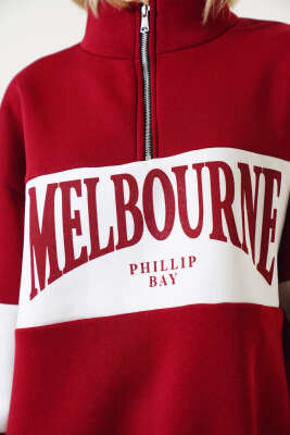 Melbourne Baskılı Üç İplik Sweatshirt Bordo - Kadın Giyim Modelleri