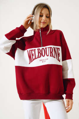 Melbourne Baskılı Üç İplik Sweatshirt Bordo - Kadın Giyim Modelleri
