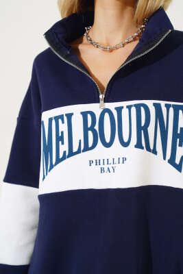 Melbourne Baskılı Üç İplik Sweatshirt Lacivert - Kadın Giyim Modelleri