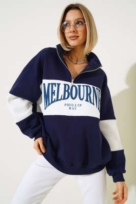 Melbourne Baskılı Üç İplik Sweatshirt Lacivert 