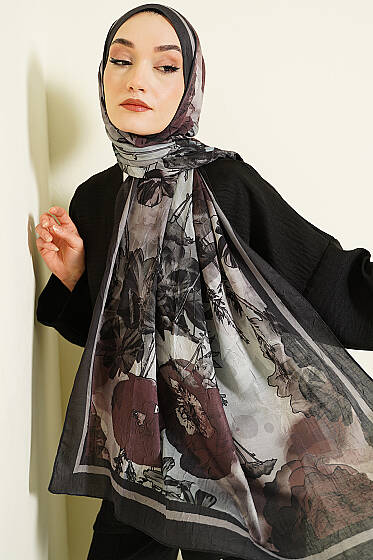 Melia Desen Bambu Kraş Şal Antrasit - Başörtüsü