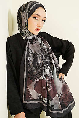 Melia Desen Bambu Kraş Şal Antrasit - Başörtüsü