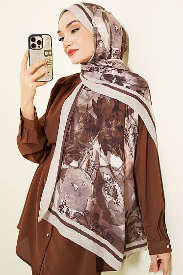 Melia Desen Bambu Kraş Şal Bej Kahve - Başörtüsü