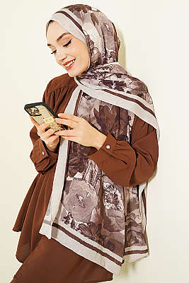 Melia Desen Bambu Kraş Şal Bej Kahve - Başörtüsü