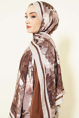 Melia Desen Bambu Kraş Şal Bej Kahve - Başörtüsü