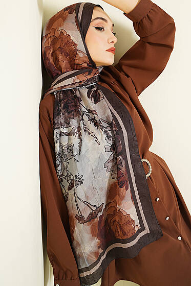 Melia Desen Bambu Kraş Şal Füme - Başörtüsü
