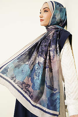 Melia Desen Bambu Kraş Şal Lacivert - Başörtüsü