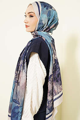 Melia Desen Bambu Kraş Şal Lacivert - Başörtüsü