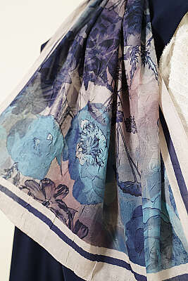 Melia Desen Bambu Kraş Şal Lacivert - Başörtüsü