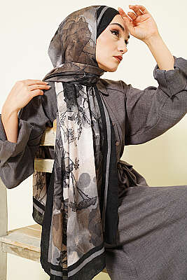 Melia Desen Bambu Kraş Şal Siyah - Başörtüsü