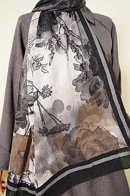 Melia Desen Bambu Kraş Şal Siyah - Başörtüsü