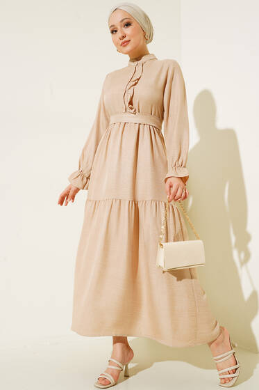 Meloni Keten Hakim Yaka Düğmeli Elbise Bej - Tesettür Elbise
