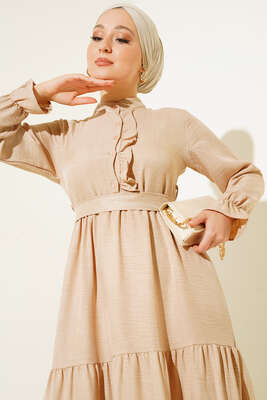 Meloni Keten Hakim Yaka Düğmeli Elbise Bej - Tesettür Elbise