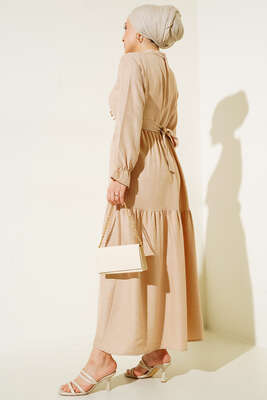 Meloni Keten Hakim Yaka Düğmeli Elbise Bej - Tesettür Elbise