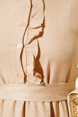 Meloni Keten Hakim Yaka Düğmeli Elbise Bej - Tesettür Elbise