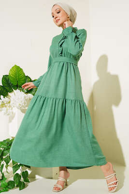 Meloni Keten Hakim Yaka Düğmeli Elbise Benetton - Tesettür Elbise