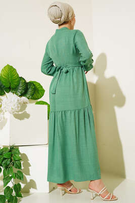 Meloni Keten Hakim Yaka Düğmeli Elbise Benetton - Tesettür Elbise