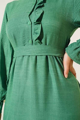 Meloni Keten Hakim Yaka Düğmeli Elbise Benetton - Tesettür Elbise