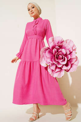 Meloni Keten Hakim Yaka Düğmeli Elbise Fuşya 