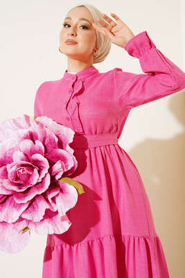 Meloni Keten Hakim Yaka Düğmeli Elbise Fuşya - Tesettür Elbise