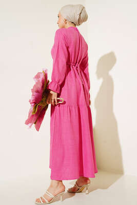 Meloni Keten Hakim Yaka Düğmeli Elbise Fuşya - Tesettür Elbise