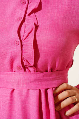 Meloni Keten Hakim Yaka Düğmeli Elbise Fuşya - Tesettür Elbise