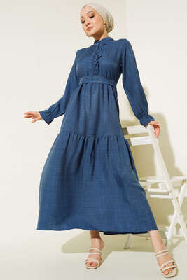 Meloni Keten Hakim Yaka Düğmeli Elbise Lacivert 