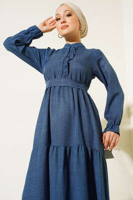 Meloni Keten Hakim Yaka Düğmeli Elbise Lacivert - Tesettür Elbise