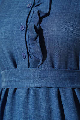 Meloni Keten Hakim Yaka Düğmeli Elbise Lacivert - Tesettür Elbise