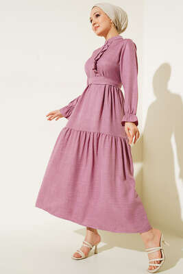 Meloni Keten Hakim Yaka Düğmeli Elbise Lila 