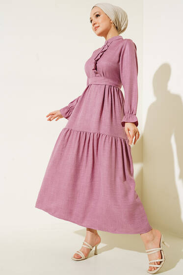 Meloni Keten Hakim Yaka Düğmeli Elbise Lila - Tesettür Elbise