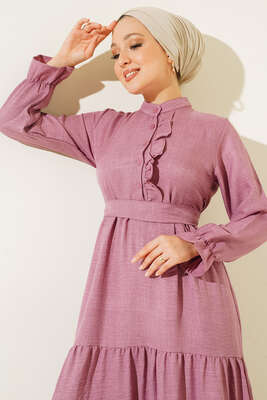Meloni Keten Hakim Yaka Düğmeli Elbise Lila - Tesettür Elbise