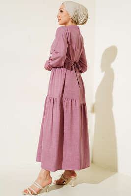 Meloni Keten Hakim Yaka Düğmeli Elbise Lila - Tesettür Elbise