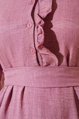 Meloni Keten Hakim Yaka Düğmeli Elbise Lila - Tesettür Elbise