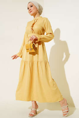 Meloni Keten Hakim Yaka Düğmeli Elbise Sarı 
