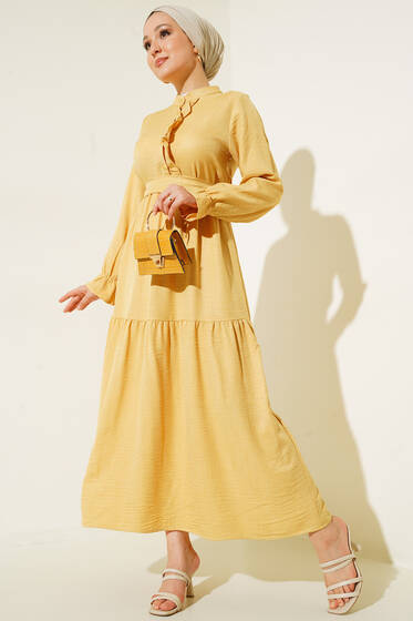 Meloni Keten Hakim Yaka Düğmeli Elbise Sarı - Tesettür Elbise