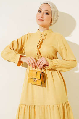 Meloni Keten Hakim Yaka Düğmeli Elbise Sarı - Tesettür Elbise