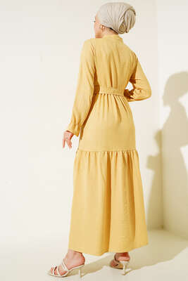 Meloni Keten Hakim Yaka Düğmeli Elbise Sarı - Tesettür Elbise