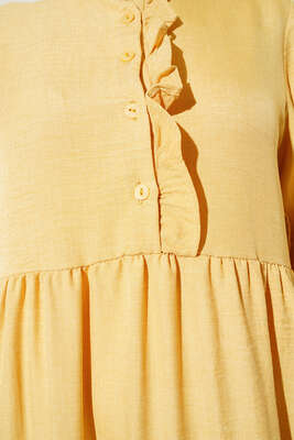 Meloni Keten Hakim Yaka Düğmeli Elbise Sarı - Tesettür Elbise