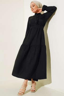 Meloni Keten Hakim Yaka Düğmeli Elbise Siyah 
