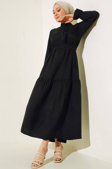 Meloni Keten Hakim Yaka Düğmeli Elbise Siyah - Tesettür Elbise