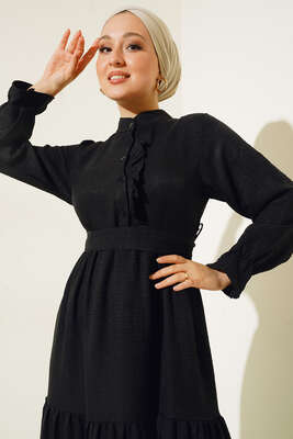 Meloni Keten Hakim Yaka Düğmeli Elbise Siyah - Tesettür Elbise