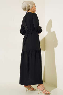 Meloni Keten Hakim Yaka Düğmeli Elbise Siyah - Tesettür Elbise