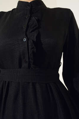 Meloni Keten Hakim Yaka Düğmeli Elbise Siyah - Tesettür Elbise