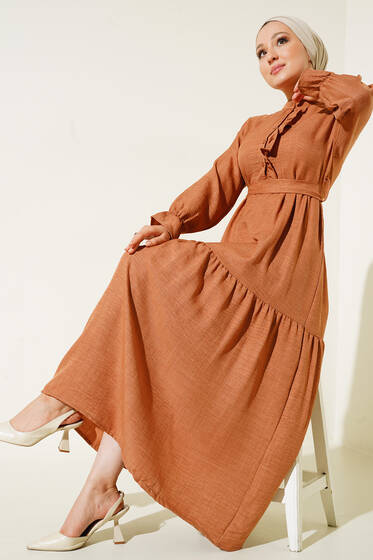 Meloni Keten Hakim Yaka Düğmeli Elbise Tarçın - Tesettür Elbise