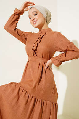 Meloni Keten Hakim Yaka Düğmeli Elbise Tarçın - Tesettür Elbise