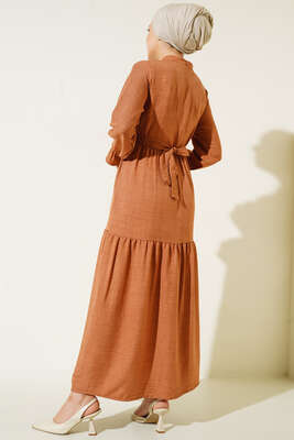 Meloni Keten Hakim Yaka Düğmeli Elbise Tarçın - Tesettür Elbise