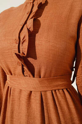 Meloni Keten Hakim Yaka Düğmeli Elbise Tarçın - Tesettür Elbise