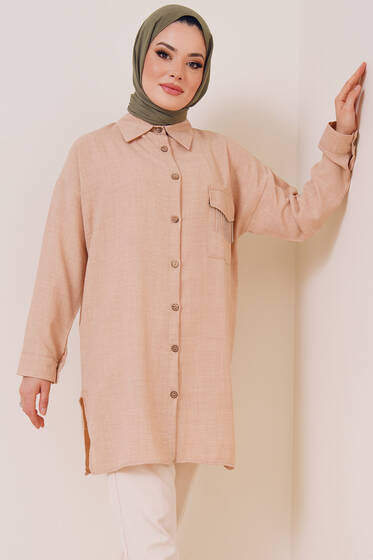 Meloni Tek Cepli Keten Gömlek Bej - Gömlek