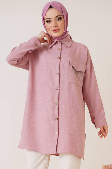 Meloni Tek Cepli Keten Gömlek Gül Kurusu - Gömlek